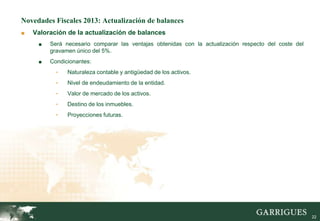 Novedades Fiscales 2013: Actualización de balances
■   Valoración de la actualización de balances
     ■   Será necesario comparar las ventajas obtenidas con la actualización respecto del coste del
         gravamen único del 5%.
     ■   Condicionantes:
           -   Naturaleza contable y antigüedad de los activos.
           -   Nivel de endeudamiento de la entidad.
           -   Valor de mercado de los activos.
           -   Destino de los inmuebles.
           -   Proyecciones futuras.




                                                                                                      22
 