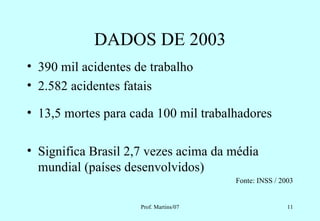 DADOS DE 2003
• 390 mil acidentes de trabalho
• 2.582 acidentes fatais

• 13,5 mortes para cada 100 mil trabalhadores

• Significa Brasil 2,7 vezes acima da média
  mundial (países desenvolvidos)
                                        Fonte: INSS / 2003


                     Prof. Martins/07                   11
 
