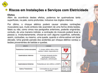 Efeitos
Além da ocorrência destes efeitos, podemos ter queimaduras tanto
superficiais, na pele, como profundas, inclusive nos órgãos internos.
Por último, o choque elétrico poderá causar simples contrações
musculares que, muito embora não acarretem de uma forma direta lesões,
fatais ou não, como vimos nos parágrafos anteriores, poderão originá-las,
contudo, de uma maneira indireta: a contração do músculo poderá levar a
pessoa a, involuntariamente, chocar-se com alguma superfície, sofrendo,
assim, contusões, ou mesmo, uma queda, quando a vitima estiver em local
elevado. Uma grande parcela dos acidentes por choque elétrico conduz a
lesões provenientes de batidas e quedas.
Riscos em Instalações e Serviços com EletricidadeRiscos em Instalações e Serviços com Eletricidade
 