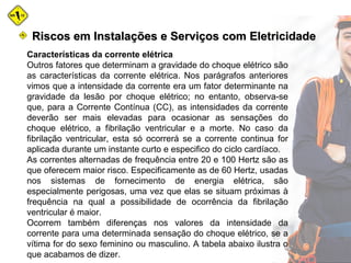 Características da corrente elétrica
Outros fatores que determinam a gravidade do choque elétrico são
as características da corrente elétrica. Nos parágrafos anteriores
vimos que a intensidade da corrente era um fator determinante na
gravidade da lesão por choque elétrico; no entanto, observa-se
que, para a Corrente Contínua (CC), as intensidades da corrente
deverão ser mais elevadas para ocasionar as sensações do
choque elétrico, a fibrilação ventricular e a morte. No caso da
fibrilação ventricular, esta só ocorrerá se a corrente continua for
aplicada durante um instante curto e especifico do ciclo cardíaco.
As correntes alternadas de frequência entre 20 e 100 Hertz são as
que oferecem maior risco. Especificamente as de 60 Hertz, usadas
nos sistemas de fornecimento de energia elétrica, são
especialmente perigosas, uma vez que elas se situam próximas à
frequência na qual a possibilidade de ocorrência da fibrilação
ventricular é maior.
Ocorrem também diferenças nos valores da intensidade da
corrente para uma determinada sensação do choque elétrico, se a
vítima for do sexo feminino ou masculino. A tabela abaixo ilustra o
que acabamos de dizer.
Riscos em Instalações e Serviços com EletricidadeRiscos em Instalações e Serviços com Eletricidade
 