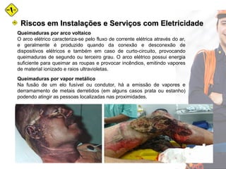 Queimaduras por arco voltaico
O arco elétrico caracteriza-se pelo fluxo de corrente elétrica através do ar,
e geralmente é produzido quando da conexão e desconexão de
dispositivos elétricos e também em caso de curto-circuito, provocando
queimaduras de segundo ou terceiro grau. O arco elétrico possui energia
suficiente para queimar as roupas e provocar incêndios, emitindo vapores
de material ionizado e raios ultravioletas.
Queimaduras por vapor metálico
Na fusão de um elo fusível ou condutor, há a emissão de vapores e
derramamento de metais derretidos (em alguns casos prata ou estanho)
podendo atingir as pessoas localizadas nas proximidades.
Riscos em Instalações e Serviços com EletricidadeRiscos em Instalações e Serviços com Eletricidade
 