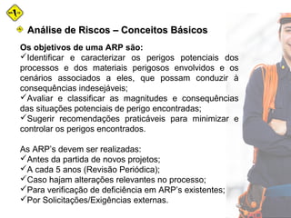 Os objetivos de uma ARP são:
Identificar e caracterizar os perigos potenciais dos
processos e dos materiais perigosos envolvidos e os
cenários associados a eles, que possam conduzir à
consequências indesejáveis;
Avaliar e classificar as magnitudes e consequências
das situações potenciais de perigo encontradas;
Sugerir recomendações praticáveis para minimizar e
controlar os perigos encontrados.
As ARP’s devem ser realizadas:
Antes da partida de novos projetos;
A cada 5 anos (Revisão Periódica);
Caso hajam alterações relevantes no processo;
Para verificação de deficiência em ARP’s existentes;
Por Solicitações/Exigências externas.
Análise de Riscos – Conceitos BásicosAnálise de Riscos – Conceitos Básicos
 
