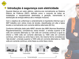 Quando falamos em setor elétrico, referimo-nos normalmente ao Sistema
Elétrico de Potência (SEP), definido como o conjunto de todas as
instalações e equipamentos destinados à geração, transmissão e
distribuição de energia elétrica até a medição inclusive.
Com o objetivo de uniformizar o entendimento é importante informar que o
SEP trabalha com vários níveis de tensão, classificadas em alta e baixa
tensão e normalmente com corrente elétrica alternada (60 Hz).
Conforme definição dada pela ABNT através das NBR (Normas Brasileiras
Regulamentadoras), considera-se “baixa tensão”, a tensão superior a 50
volts em corrente alternada ou 120 volts em corrente contínua e igual ou
inferior a 1000 volts em corrente alternada ou 1500 volts em corrente
contínua, entre fases ou entre fase e terra. Da mesma forma considera-se
“alta tensão”, a tensão superior a 1000 volts em corrente alternada ou 1500
volts em corrente contínua, entre fases ou entre fase e terra.
Introdução à segurança com eletricidadeIntrodução à segurança com eletricidade
 