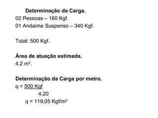 Determinação da Carga.
02 Pessoas – 160 Kgf.
01 Andaime Suspenso – 340 Kgf.
Total: 500 Kgf.
Área de atuação estimada.
4,2 m2.
Determinação da Carga por metro.
q = 500 Kgf
4,20
q = 119,05 Kgf/m2
 