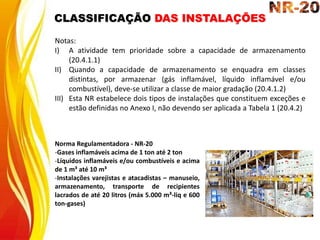Notas:
I) A atividade tem prioridade sobre a capacidade de armazenamento
(20.4.1.1)
II) Quando a capacidade de armazenamento se enquadra em classes
distintas, por armazenar (gás inflamável, líquido inflamável e/ou
combustível), deve-se utilizar a classe de maior gradação (20.4.1.2)
III) Esta NR estabelece dois tipos de instalações que constituem exceções e
estão definidas no Anexo I, não devendo ser aplicada a Tabela 1 (20.4.2)
Norma Regulamentadora - NR-20
-Gases inflamáveis acima de 1 ton até 2 ton
-Líquidos inflamáveis e/ou combustíveis e acima
de 1 m³ até 10 m³
-Instalações varejistas e atacadistas – manuseio,
armazenamento, transporte de recipientes
lacrados de até 20 litros (máx 5.000 m³-liq e 600
ton-gases)
CLASSIFICAÇÃO DAS INSTALAÇÕES
 