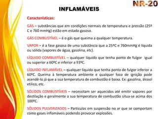 INFLAMÁVEIS
Características:
GÁS – substâncias que em condições normais de temperatura e pressão (25º
C e 760 mmHg) estão em estado gasoso.
GÁS COMBUSTÍVEL – é o gás que queima a qualquer temperatura.
VAPOR – é a fase gasosa de uma substância que a 25ºC e 760mmHg é líquida
ou sólida (vapores de água, gasolina, etc).
LÍQUIDO COMBUSTÍVEL – qualquer líquido que tenha ponto de fulgor igual
ou superior a 60ºC e inferior a 93ºC.
LÍQUIDO INFLAMÁVEL – qualquer líquido que tenha ponto de fulgor inferior a
60ºC. Queima à temperatura ambiente e qualquer foco de ignição pode
acendê-lo já que a sua temperatura de combustão é baixa. Ex: gasolina, álcool
etílico, etc.
SÓLIDOS COMBUSTÍVEIS – necessitam ser aquecidos até emitir vapores por
destilação e geralmente a sua temperatura de combustão situa-se acima dos
100ºC.
SÓLIDOS PULVERIZADOS – Partículas em suspensão no ar que se comportam
como gases inflamáveis podendo provocar explosões.
 