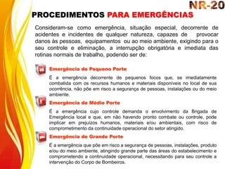 Emergência de Pequeno Porte
É a emergência decorrente de pequenos focos que, se imediatamente
combatida com os recursos humanos e materiais disponíveis no local de sua
ocorrência, não põe em risco a segurança de pessoas, instalações ou do meio
ambiente.
Emergência de Médio Porte
É a emergência cujo controle demanda o envolvimento da Brigada de
Emergência local e que, em não havendo pronto combate ou controle, pode
implicar em prejuízos humanos, materiais e/ou ambientais, com risco de
comprometimento da continuidade operacional do setor atingido.
Emergência de Grande Porte
É a emergência que põe em risco a segurança de pessoas, instalações, produto
e/ou do meio ambiente, atingindo grande parte das áreas do estabelecimento e
comprometendo a continuidade operacional, necessitando para seu controle a
intervenção do Corpo de Bombeiros.
Consideram-se como emergência, situação especial, decorrente de
acidentes e incidentes de qualquer natureza, capazes de provocar
danos às pessoas, equipamentos ou ao meio ambiente, exigindo para o
seu controle e eliminação, a interrupção obrigatória e imediata das
rotinas normais de trabalho, podendo ser de:
PROCEDIMENTOS PARA EMERGÊNCIAS
 