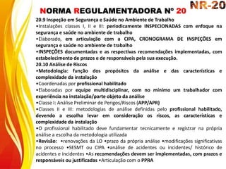 NORMA REGULAMENTADORA Nº 20
20.9 Inspeção em Segurança e Saúde no Ambiente de Trabalho
•Instalações classes I, II e III: periodicamente INSPECIONADAS com enfoque na
segurança e saúde no ambiente de trabalho
•Elaborado, em articulação com a CIPA, CRONOGRAMA DE INSPEÇÕES em
segurança e saúde no ambiente de trabalho
•INSPEÇÕES documentadas e as respectivas recomendações implementadas, com
estabelecimento de prazos e de responsáveis pela sua execução.
20.10 Análise de Riscos
•Metodologia: função dos propósitos da análise e das características e
complexidade da instalação
•Coordenadas por profissional habilitado
•Elaboradas por equipe multidisciplinar, com no mínimo um trabalhador com
experiência na instalação/parte objeto da análise
•Classe I: Análise Preliminar de Perigos/Riscos (APP/APR)
•Classes II e III: metodologias de análise definidas pelo profissional habilitado,
devendo a escolha levar em consideração os riscos, as características e
complexidade da instalação
•O profissional habilitado deve fundamentar tecnicamente e registrar na própria
análise a escolha da metodologia utilizada
•Revisão: •renovações da LO •prazo da própria análise •modificações significativas
no processo •SESMT ou CIPA •análise de acidentes ou incidentes/ histórico de
acidentes e incidentes •As recomendações devem ser implementadas, com prazos e
responsáveis ou justificadas •Articulação com o PPRA
 