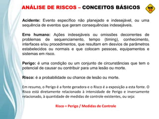 Acidente: Evento específico não planejado e indesejável, ou uma
sequência de eventos que geram consequências indesejáveis.
Erro humano: Ações indesejáveis ou omissões decorrentes de
problemas de sequenciamento, tempo (timing), conhecimento,
interfaces e/ou procedimentos, que resultam em desvios de parâmetros
estabelecidos ou normais e que colocam pessoas, equipamentos e
sistemas em risco.
Perigo: é uma condição ou um conjunto de circunstâncias que tem o
potencial de causar ou contribuir para uma lesão ou morte.
Risco: é a probabilidade ou chance de lesão ou morte.
Em resumo, o Perigo é a fonte geradora e o Risco é a exposição a esta fonte. O
Risco está diretamente relacionado à intensidade de Perigo e inversamente
relacionado, à quantidade de medidas de controle existentes, ou seja:
Risco = Perigo / Medidas de Controle
ANÁLISE DE RISCOS – CONCEITOS BÁSICOS
 