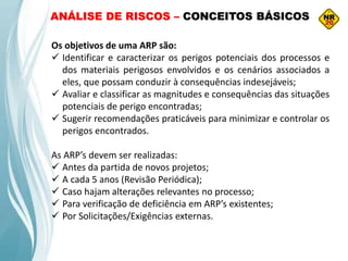 Os objetivos de uma ARP são:
 Identificar e caracterizar os perigos potenciais dos processos e
dos materiais perigosos envolvidos e os cenários associados a
eles, que possam conduzir à consequências indesejáveis;
 Avaliar e classificar as magnitudes e consequências das situações
potenciais de perigo encontradas;
 Sugerir recomendações praticáveis para minimizar e controlar os
perigos encontrados.
As ARP’s devem ser realizadas:
 Antes da partida de novos projetos;
 A cada 5 anos (Revisão Periódica);
 Caso hajam alterações relevantes no processo;
 Para verificação de deficiência em ARP’s existentes;
 Por Solicitações/Exigências externas.
ANÁLISE DE RISCOS – CONCEITOS BÁSICOS
 