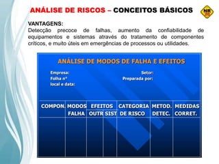 ANÁLISE DE RISCOS – CONCEITOS BÁSICOS
VANTAGENS:
Detecção precoce de falhas, aumento da confiabilidade de
equipamentos e sistemas através do tratamento de componentes
críticos, e muito úteis em emergências de processos ou utilidades.
 