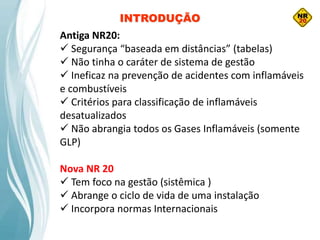 INTRODUÇÃO
Antiga NR20:
 Segurança “baseada em distâncias” (tabelas)
 Não tinha o caráter de sistema de gestão
 Ineficaz na prevenção de acidentes com inflamáveis
e combustíveis
 Critérios para classificação de inflamáveis
desatualizados
 Não abrangia todos os Gases Inflamáveis (somente
GLP)
Nova NR 20
 Tem foco na gestão (sistêmica )
 Abrange o ciclo de vida de uma instalação
 Incorpora normas Internacionais
 