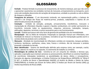 GLOSSÁRIO
Fechado - Produto fechado no processo de envasamento, de maneira estanque, para que não venha
a apresentar vazamentos nas condições normais de manuseio, armazenamento ou transporte, assim
como sob condições decorrentes de variações de temperatura, umidade ou pressão ou sob os efeitos
de choques e vibrações.
Fluxograma de processo - É um documento contendo, em representação gráfica, o balanço de
material e de energia dos fluxos de matérias-primas, produtos, subprodutos e rejeitos de um
determinado processo de produção.
Instalação - Unidade de extração, produção, armazenamento, transferência, manuseio e
manipulação de inflamáveis (líquidos e gases) e líquidos combustíveis, em caráter permanente ou
transitório, incluindo todos os equipamentos, máquinas, estruturas, tubulações, tanques,
edificações, depósitos, terminais e outros necessários para o seu funcionamento.
Lacrado - Produto que possui selo e/ou lacre de garantia de qualidade e/ou de inviolabilidade.
Manipulação - Ato ou efeito de manipular. Preparação ou operação manual com inflamáveis, com
finalidade de misturar ou fracionar os produtos. Considera-se que há manipulação quando ocorre o
contato direto do produto com o ambiente.
Manuseio - Atividade de movimentação de inflamáveis contidos em recipientes, tanques portáteis,
tambores, bombonas, vasilhames, caixas, latas, frascos e similares. Ato de manusear o produto
envasado, embalado ou lacrado.
Meio identificador - Sistema de identificação definido pela empresa como, por exemplo, crachá,
botton, adesivo no crachá ou no capacete, na vestimenta de trabalho ou similares.
Metodologias de análises de risco - Constitui-se em um conjunto de métodos e técnicas que,
aplicados a operações que envolvam processo ou processamento, identificam os cenários hipotéticos
de ocorrências indesejadas (acidentes), as possibilidades de danos, efeitos e consequências.
Exemplos de algumas metodologias: a) Análise Preliminar de Perigos/Riscos (APP/APR); b) ″What-if
(E SE)″; c) Análise de Riscos e Operabilidade (HAZOP); d) Análise de Modos e Efeitos de Falhas
(FMEA/FMECA); e) Análise por Árvore de Falhas (AAF); f) Análise por Árvore de Eventos (AAE); g)
Análise Quantitativa de Riscos (AQR).
 