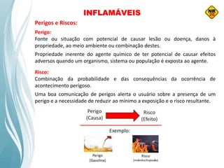 Perigo:
Fonte ou situação com potencial de causar lesão ou doença, danos à
propriedade, ao meio ambiente ou combinação destes.
Propriedade inerente do agente químico de ter potencial de causar efeitos
adversos quando um organismo, sistema ou população é exposta ao agente.
Risco:
Combinação da probabilidade e das consequências da ocorrência de
acontecimento perigoso.
Uma boa comunicação de perigos alerta o usuário sobre a presença de um
perigo e a necessidade de reduzir ao mínimo a exposição e o risco resultante.
Perigos e Riscos:
INFLAMÁVEIS
 