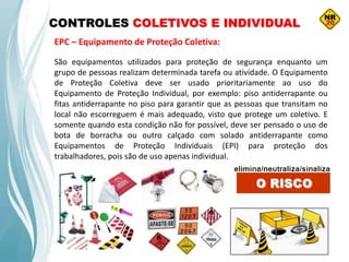 CONTROLES COLETIVOS E INDIVIDUAL
EPC – Equipamento de Proteção Coletiva:
São equipamentos utilizados para proteção de segurança enquanto um
grupo de pessoas realizam determinada tarefa ou atividade. O Equipamento
de Proteção Coletiva deve ser usado prioritariamente ao uso do
Equipamento de Proteção Individual, por exemplo: piso antiderrapante ou
fitas antiderrapante no piso para garantir que as pessoas que transitam no
local não escorreguem é mais adequado, visto que protege um coletivo. E
somente quando esta condição não for possível, deve ser pensado o uso de
bota de borracha ou outro calçado com solado antiderrapante como
Equipamentos de Proteção Individuais (EPI) para proteção dos
trabalhadores, pois são de uso apenas individual.
 