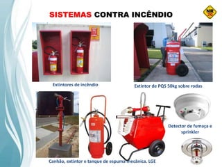 SISTEMAS CONTRA INCÊNDIO
Extintor de PQS 50kg sobre rodasExtintores de incêndio
Canhão, extintor e tanque de espuma mecânica. LGE
Detector de fumaça e
sprinkler
 
