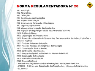 NORMA REGULAMENTADORA Nº 20
20.1 Introdução
20.2 Abrangência
20.3 Definições
20.4 Classificação das Instalações
20.5 Projeto da Instalação
20.6 Segurança na Construção e Montagem
20.7 Segurança Operacional
20.8 Manutenção e Inspeção das Instalações
20.9 Inspeção em Segurança e Saúde no Ambiente de Trabalho
20.10 Análise de Riscos
20.11 Capacitação dos Trabalhadores
20.12 Prevenção e Controle de Vazamentos, Derramamentos, Incêndios, Explosões e
Emissões fugitivas
20.13 Controle de Fontes de Ignição
20.14 Plano de Resposta a Emergências da Instalação
20.15 Comunicação de Ocorrências
20.16 Contratante e Contratadas
20.17 Tanque de Líquidos Inflamáveis no Interior de Edifícios
20.18 Desativação da Instalação
20.19 Prontuário da Instalação
20.20 Disposições finais
- ANEXO I - Instalações que constituem exceções à aplicação do item 20.4
- ANEXO II - Critérios para Capacitação dos Trabalhadores e Conteúdo Programático
- GLOSSÁRIO
 
