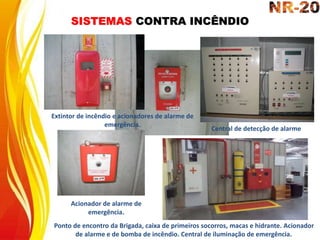 SISTEMAS CONTRA INCÊNDIO
Central de detecção de alarme
Ponto de encontro da Brigada, caixa de primeiros socorros, macas e hidrante. Acionador
de alarme e de bomba de incêndio. Central de iluminação de emergência.
Extintor de incêndio e acionadores de alarme de
emergência.
Acionador de alarme de
emergência.
 