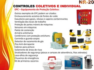 Outros exemplos de EPC podem ser citados:
Enclausuramento acústico de fontes de ruído
Exaustores para gases, névoas e vapores contaminantes
Ventilação dos locais de trabalho
Proteção de partes móveis de máquinas
Sensores em máquinas
Palete de contenção
Armário antichama
Contêineres com proteção antichama
Corrimão e guarda-corpos
Detector de vazamento de gás
Piso Anti-derrapante
Cabines para pintura
Isolamento de áreas de risco
Sinalizadores de segurança (placas e cartazes de advertência, fitas zebradas)
Lava-olhos de segurança
Chuveiros de emergência
Kit de primeiros socorros
CONTROLES COLETIVOS E INDIVIDUAL
EPC – Equipamento de Proteção Coletiva:
 