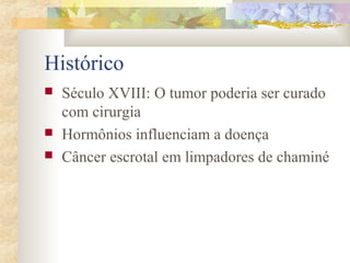 Histórico 
 Século XVIII: O tumor poderia ser curado 
com cirurgia 
 Hormônios influenciam a doença 
 Câncer escrotal em limpadores de chaminé 
 