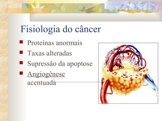 Fisiologia do câncer 
 Proteínas anormais 
 Taxas alteradas 
 Supressão da apoptose 
 Angiogênese 
acentuada 
 
