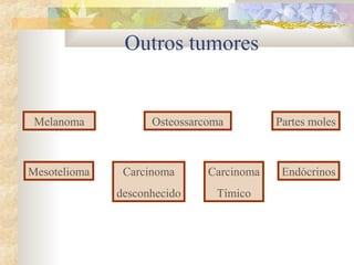 Outros tumores 
Melanoma Osteossarcoma Partes moles 
Mesotelioma Carcinoma Endócrinos 
Tímico 
Carcinoma 
desconhecido 
 