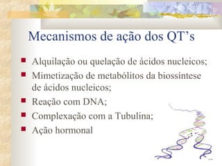 Mecanismos de ação dos QT’s 
 Alquilação ou quelação de ácidos nucleicos; 
 Mimetização de metabólitos da biossíntese 
de ácidos nucleicos; 
 Reação com DNA; 
 Complexação com a Tubulina; 
 Ação hormonal 
 
