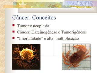 Câncer: Conceitos 
 Tumor e neoplasia 
 Câncer, Carcinogênese e Tumorigênese 
 “Imortalidade” e alta multiplicação 
 