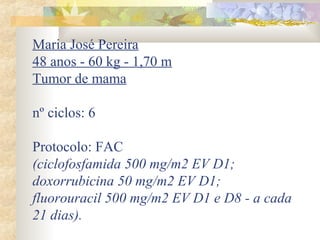 Maria José Pereira 
48 anos - 60 kg - 1,70 m 
Tumor de mama 
nº ciclos: 6 
Protocolo: FAC 
(ciclofosfamida 500 mg/m2 EV D1; 
doxorrubicina 50 mg/m2 EV D1; 
fluorouracil 500 mg/m2 EV D1 e D8 - a cada 
21 dias). 
 
