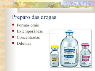 Preparo das drogas 
 Formas orais 
 Extemporâneas 
 Concentradas 
 Diluídas 
 