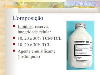 Composição 
 Lipídios: reserva, 
integridade celular 
 10, 20 e 30% TCM/TCL 
 10, 20 e 30% TCL 
 Agente emulsificante 
(fosfolípide) 
 
