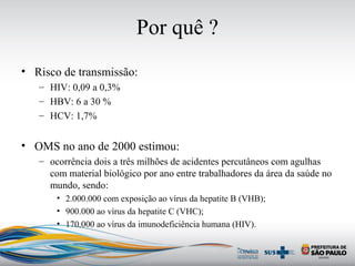 Por quê ?
• Risco de transmissão:
– HIV: 0,09 a 0,3%
– HBV: 6 a 30 %
– HCV: 1,7%
• OMS no ano de 2000 estimou:
– ocorrência dois a três milhões de acidentes percutâneos com agulhas
com material biológico por ano entre trabalhadores da área da saúde no
mundo, sendo:
• 2.000.000 com exposição ao vírus da hepatite B (VHB);
• 900.000 ao vírus da hepatite C (VHC);
• 170.000 ao vírus da imunodeficiência humana (HIV).
 