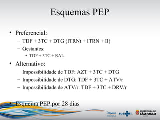 Esquemas PEP
• Preferencial:
– TDF + 3TC + DTG (ITRNt + ITRN + II)
– Gestantes:
• TDF + 3TC + RAL
• Alternativo:
– Impossibilidade de TDF: AZT + 3TC + DTG
– Impossibilidade de DTG: TDF + 3TC + ATV/r
– Impossibilidade de ATV/r: TDF + 3TC + DRV/r
• Esquema PEP por 28 dias
 