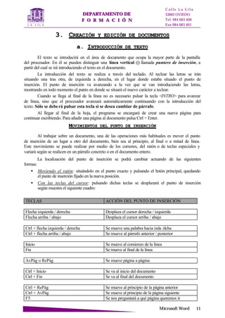 DDEEPPAARRTTAAMMEENNTTOO DDEE
FF OO RR MM AA CC II ÓÓ NN
C a l l e L a L i l a
33002 OVIEDO
Tel. 984 083 400
Fax 984 083 401
MMiiccrroossoofftt WWoorrdd 1111
33.. CCRREEAACCIIÓÓNN YY EEDDIICCIIÓÓNN DDEE DDOOCCUUMMEENNTTOOSS
aa.. IINNTTRROODDUUCCCCIIÓÓNN DDEE TTEEXXTTOO
El texto se introducirá en el área de documento que ocupa la mayor parte de la pantalla
del procesador. En él se pueden distinguir una línea vertical (|) llamada puntero de inserción, a
partir del cual se irá introduciendo el texto en el documento.
La introducción del texto se realiza a través del teclado. Al teclear las letras se irán
situando una tras otra, de izquierda a derecha, en el lugar donde estaba situado el punto de
inserción. El punto de inserción va avanzando a la vez que se van introduciendo las letras,
mostrando en todo momento el punto en donde se situará el nuevo carácter a teclear.
Cuando se llega al final de la línea no es necesario pulsar la tecla <INTRO> para avanzar
de línea, sino que el procesador avanzará automáticamente continuando con la introducción del
texto. Sólo se deberá pulsar esta tecla si se desea cambiar de párrafo.
Al llegar al final de la hoja, el programa se encargará de crear una nueva página para
continuar escribiendo. Para añadir una página al documento pulsa Ctrl + Enter.
MMOOVVIIMMIIEENNTTOOSS DDEELL PPUUNNTTOO DDEE IINNSSEERRCCIIÓÓNN
Al trabajar sobre un documento, una de las operaciones más habituales es mover el punto
de inserción de un lugar a otro del documento, bien sea al principio, al final o a mitad de línea.
Este movimiento se puede realizar por medio de los cursores, del ratón o de teclas especiales y
variará según se realicen en un párrafo concreto o en el documento entero.
La localización del punto de inserción se podrá cambiar actuando de las siguientes
formas:
• Moviendo el ratón: situándolo en el punto exacto y pulsando el botón principal, quedando
el punto de inserción fijado en la nueva posición.
• Con las teclas del cursor: pulsando dichas teclas se desplazará el punto de inserción
según muestra el siguiente cuadro:
TECLAS ACCIÓN DEL PUNTO DE INSERCIÓN
Flecha izquierda / derecha Desplaza el cursor derecha / izquierda
Flecha arriba / abajo Desplaza el cursor arriba / abajo
Ctrl + flecha izquierda / derecha Se mueve una palabra hacia izda /dcha
Ctrl + flecha arriba / abajo Se mueve al párrafo anterior / posterior
Inicio Se mueve al comienzo de la línea
Fin Se mueve al final de la línea
AvPág o RePág Se mueve página a página
Ctrl + Inicio Se va al inicio del documento
Ctrl + Fin Se va al final del documento
Ctrl + RePág Se mueve al principio de la página anterior
Ctrl + AvPág Se mueve al principio de la página siguiente
F5 Se nos preguntará a qué página queremos ir
 