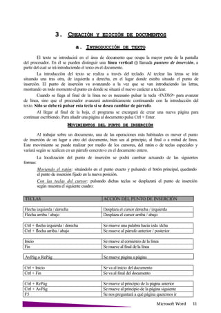 Microsoft
3. CREACIÓN Y EDICIÓN DE
a. INTRODUCCIÓN DE
El texto se introducirá en el área de documento que ocupa la mayor parte de la pantalla
del procesador. En él se pueden distinguir una línea vertical (|) llamada puntero de inserción, a
partir del cual se irá introduciendo el texto en el documento.
La introducción del texto se realiza a través del teclado. Al teclear las letras se irán
situando una tras otra, de izquierda a derecha, en el lugar donde estaba situado el punto de
inserción. El punto de inserción va avanzando a la vez que se van introduciendo las letras,
mostrando en todo momento el punto en donde se situará el nuevo carácter a teclear.
Cuando se llega al final de la línea no es necesario pulsar la tecla <INTRO> para avanzar
de línea, sino que el procesador avanzará automáticamente continuando con la introducción del
texto. Sólo se deberá pulsar esta tecla si se desea cambiar de párrafo.
Al llegar al final de la hoja, el programa se encargará de crear una nueva página para
continuar escribiendo. Para añadir una página al documento pulsa Ctrl + Enter.
MOVIMIENTOS DEL PUNTO DE
Al trabajar sobre un documento, una de las operaciones más habituales es mover el punto
de inserción de un lugar a otro del documento, bien sea al principio, al final o a mitad de línea.
Este movimiento se puede realizar por medio de los cursores, del ratón o de teclas especiales y
variará según se realicen en un párrafo concreto o en el documento entero.
La localización del punto de inserción se podrá cambiar actuando de las siguientes
formas:
Moviendo el ratón: situándolo en el punto exacto y pulsando el botón principal, quedando
el punto de inserción fijado en la nueva posición.
Con las teclas del cursor: pulsando dichas teclas se desplazará el punto de inserción
según muestra el siguiente cuadro:
TECLAS ACCIÓN DEL PUNTO DE INSERCIÓN
Flecha izquierda / derecha Desplaza el cursor derecha / izquierda
Flecha arriba / abajo Desplaza el cursor arriba / abajo
Ctrl + flecha izquierda / derecha Se mueve una palabra hacia izda /dcha
Ctrl + flecha arriba / abajo Se mueve al párrafo anterior / posterior
Inicio Se mueve al comienzo de la línea
Fin Se mueve al final de la línea
AvPág o RePág Se mueve página a página
Ctrl + Inicio Se va al inicio del documento
Ctrl + Fin Se va al final del documento
Ctrl + RePág Se mueve al principio de la página anterior
Ctrl + AvPág Se mueve al principio de la página siguiente
F5 Se nos preguntará a qué página queremos ir
 
