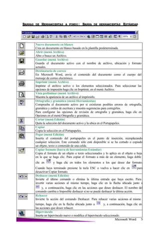 Microsoft
BARRAS DE HERRAMIENTAS A FONDO: BARRA DE HERRAMIENTAS
Nuevo documento en blanco
Crea un documento en blanco basado en la plantilla predeterminada.
Abrir (menú Archivo)
Abre o busca un Archivo.
Guardar (menú Archivo)
Guarda el documento activo con el nombre de archivo, ubicación y formato
actuales.
Destinatario de correo
En Microsoft Word, envía el contenido del documento como el cuerpo del
mensaje de correo electrónico.
Imprimir (menú Archivo)
Imprime el archivo activo o los elementos seleccionados. Para seleccionar las
opciones de impresión haga clic en Imprimir, en el menú Archivo.
Vista preliminar (menú Archivo)
Muestra la apariencia de un archivo al imprimirlo.
Ortografía y gramática (menú Herramientas)
Comprueba el documento activo por si existieran posibles errores de ortografía,
gramática y estilos de escritura y muestra sugerencias para corregirlos.
Para configurar las opciones de revisión de ortografía y gramática, haga clic en
Opciones en el menú Ortografía y gramática.
Cortar (menú Edición)
Quita la selección del documento activo y la ubica en el Portapapeles.
Copiar
Copia la selección en el Portapapeles.
Pegar (menú Edición)
Inserta el contenido del portapapeles en el punto de inserción, reemplazando
cualquier selección. Este comando sólo está disponible si se ha cortado o copiado
un objeto, texto o contenido de una celda.
Copiar formato (barra de herramientas Estándar)
Copia el formato de un objeto o texto seleccionados y lo aplica en el objeto u hoja
en la que se haga clic. Para copiar el formato a más de un elemento, haga doble
clic en y haga clic en todos los elementos a los que desee dar formato.
Cuando haya terminado presione la tecla ESC o vuelva a hacer clic en para
desactivar Copiar formato.
Deshacer (menú Edición)
Invierte el último comando o elimina la última entrada que haya escrito. Para
invertir varias acciones al mismo tiempo, haga clic en la flecha ubicada junto a
y, a continuación, haga clic en las acciones que desee deshacer. El nombre del
comando cambia a Imposible deshacer si no se puede deshacer la última acción.
Rehacer
Invierte la acción del comando Deshacer. Para rehacer varias acciones al mismo
tiempo, haga clic en la flecha ubicada junto a y, a continuación, haga clic en
las acciones que desee rehacer.
Hipervínculo
Inserta un hipervínculo nuevo o modifica el hipervínculo seleccionado.
 