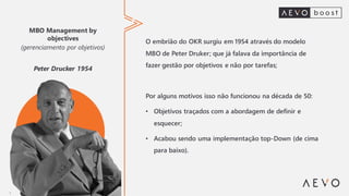 MBO Management by
objectives
(gerenciamento por objetivos)
Peter Drucker 1954
O embrião do OKR surgiu em 1954 através do modelo
MBO de Peter Druker; que já falava da importância de
fazer gestão por objetivos e não por tarefas;
Por alguns motivos isso não funcionou na década de 50:
• Objetivos traçados com a abordagem de definir e
esquecer;
• Acabou sendo uma implementação top-Down (de cima
para baixo).
 