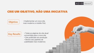 CRIE UM OBJETIVO, NÃO UMA INICIATIVA
Objetivo
Key Results
• Implementar um novo site,
mais moderno e mobile-first.
• Todas as páginas do site atual
convertidas para o novo site
• Site publicado em produção
• Dentro dos padrões de
usabilidade mais modernos
 