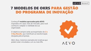 7 MODELOS DE OKRS PARA GESTÃO
DO PROGRAMA DE INOVAÇÃO
Conheça 7 modelos aprovados pela AEVO,
inspirados em casos reais de mercado, para você
conhecer e adaptar à realidade da sua
organização.
O objetivos sempre serão acompanhados de 2 a
3 Key Results, que metrificam as transformação
desejada pela empresas.
Além disso, traremos exemplos de inciativas que
podem estar vinculadas a um ou mais KRs.
 