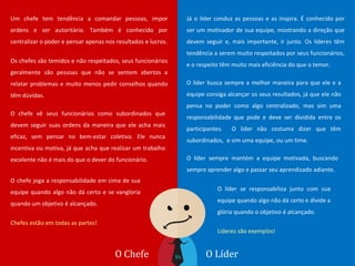 O Chefe Vs O Líder
Um chefe tem tendência a comandar pessoas, impor
ordens e ser autoritário. Também é conhecido por
centralizar o poder e pensar apenas nos resultados e lucros.
Os chefes são temidos e não respeitados, seus funcionários
geralmente são pessoas que não se sentem abertos a
relatar problemas e muito menos pedir conselhos quando
têm dúvidas.
O chefe vê seus funcionários como subordinados que
devem seguir suas ordens da maneira que ele acha mais
eficaz, sem pensar no bem-estar coletivo. Ele nunca
incentiva ou motiva, já que acha que realizar um trabalho
excelente não é mais do que o dever do funcionário.
O chefe joga a responsabilidade em cima de sua
equipe quando algo não dá certo e se vangloria
quando um objetivo é alcançado.
Chefes estão em todas as partes!
Já o líder conduz as pessoas e as inspira. É conhecido por
ser um motivador de sua equipe, mostrando a direção que
devem seguir e, mais importante, ir junto. Os líderes têm
tendência a serem muito respeitados por seus funcionários,
e o respeito têm muito mais eficiência do que o temor.
O líder busca sempre a melhor maneira para que ele e a
equipe consiga alcançar os seus resultados, já que ele não
pensa no poder como algo centralizado, mas sim uma
responsabilidade que pode e deve ser dividida entre os
participantes. O líder não costuma dizer que têm
subordinados, e sim uma equipe, ou um time.
O líder sempre mantém a equipe motivada, buscando
sempre aprender algo e passar seu aprendizado adiante.
O líder se responsabiliza junto com sua
equipe quando algo não dá certo e divide a
glória quando o objetivo é alcançado.
Líderes são exemplos!
 