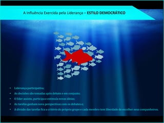 • Liderança participativa;
• As decisões são tomadas após debate e em conjunto;
• O líder assiste, participa e estimula novas ideias;
• As tarefas ganham nova perspectivas com os debates e;
• A divisão das tarefas fica a critério do próprio grupo e cada membro tem liberdade de escolher seus companheiros.
6
A Influência Exercida pela Liderança – ESTILO DEMOCRÁTICO
 