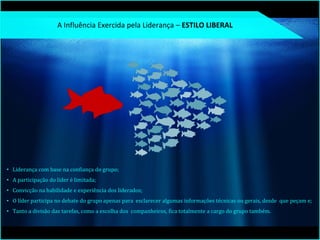 • Liderança com base na confiança do grupo;
• A participação do líder é limitada;
• Convicção na habilidade e experiência dos liderados;
• O líder participa no debate do grupo apenas para esclarecer algumas informações técnicas ou gerais, desde que peçam e;
• Tanto a divisão das tarefas, como a escolha dos companheiros, fica totalmente a cargo do grupo também.
7
A Influência Exercida pela Liderança – ESTILO LIBERAL
 