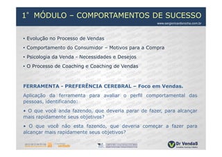 1°MÓDULO – COMPORTAMENTOS DE SUCESSO
                                                    www.sergioricardorocha.com.br



• Evolução no Processo de Vendas
• Comportamento do Consumidor – Motivos para a Compra
• Psicologia da Venda - Necessidades e Desejos
• O Processo de Coaching e Coaching de Vendas



FERRAMENTA - PREFERÊNCIA CEREBRAL – Foco em Vendas.
Aplicação da ferramenta para avaliar o perfil comportamental das
pessoas, identificando:
• O que você anda fazendo, que deveria parar de fazer, para alcançar
mais rapidamente seus objetivos?
• O que você não esta fazendo, que deveria começar a fazer para
alcançar mais rapidamente seus objetivos?
 