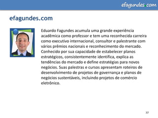 efagundes com

efagundes.com
         Eduardo Fagundes acumula uma grande experiência
         acadêmica como professor e tem uma reconhecida carreira
         como executivo internacional, consultor e palestrante com
         vários prêmios nacionais e reconhecimento do mercado.
         Conhecido por sua capacidade de estabelecer planos
         estratégicos, consistentemente identifica, explica as
         tendências do mercado e define estratégias para novos
         negócios. Suas palestras e cursos apresentam roteiros de
         desenvolvimento de projetos de governança e planos de
         negócios sustentáveis, incluindo projetos de comércio
         eletrônico.




                                                                 37
                                                                 37
 