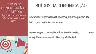 ORATÓRIA
CURSO DE
COMUNICAÇÃO E
RUÍDOSDACOMUNICAÇÃO
Aprenda mais sobre a
arte de se comunicar Nocanaldetransmissão:alturadosom,manchaquedificulta
leitura,interferênciassonorasetc
Namensagem:pontuaçãodeficienteouincorreta,
ortográficosoumorfossintáticos,grafiailegível
erros
bem
 