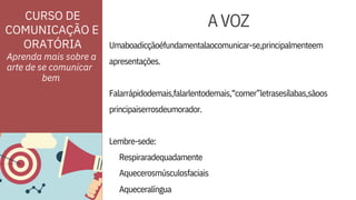 Lembre-sede:
Aqueceralíngua
Umaboadicçãoéfundamentalaocomunicar-se,principalmenteem
Falarrápidodemais,falarlentodemais,“comer”letrasesílabas,sãoos
ORATÓRIA
apresentações.
principaiserrosdeumorador.
Respiraradequadamente
Aquecerosmúsculosfaciais
CURSO DE
COMUNICAÇÃO E
Aprenda mais sobre a
arte de se comunicar


AVOZ

bem
 