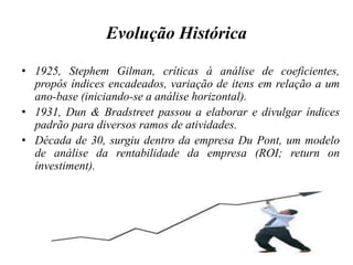 Evolução HistóricaA Análise de Balanço surgiu e desenvolveu-se dentro do sistema bancário. 1895, em 9 de fevereiro, o Conselho Executivo da Associação dos Bancos no Estado de New York resolveu recomendar aos seus membros que solicitassem aos tomadores de empréstimos declarações escrita e assinadas de seus ativos e passivos.1900, essa mesma associação divulgou um formulário de proposta de crédito que incluía espaço para o balanço (exames superficiais).