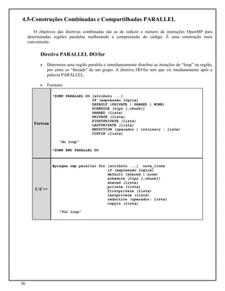 36
4.5-Construções Combinadas e Compartilhadas PARALLEL
O objetivos das diretivas combinadas são as de reduzir o número de instruções OpenMP para
determinadas regiões paralelas melhorando a compreensão do código. È uma construção mais
conveniente.
Diretiva PARALLEL DO/for
• Determina uma região paralela e simultaneamente distribui as iterações do “loop” na região,
por entre os “threads” de um grupo. A diretiva DO/for tem que vir imediatamente após a
palavra PARALLEL.
• Formato:
Fortran
!$OMP PARALLEL DO [atributo ...]
IF (expressão lógica)
DEFAULT (PRIVATE | SHARED | NONE)
SCHEDULE (tipo [,chunk])
SHARED (lista)
PRIVATE (lista)
FIRSTPRIVATE (lista)
LASTPRIVATE (lista)
REDUCTION (operador | intrinsic : lista)
COPYIN (lista)
“do loop”
!$OMP END PARALLEL DO
C/C++
#pragma omp parallel for [atributo ...] nova_linha
if (expressão lógica)
default (shared | none)
schedule (tipo [,chunk])
shared (lista)
private (lista)
firstprivate (lista)
lastprivate (lista)
reduction (operador: lista)
copyin (lista)
“for loop”
 