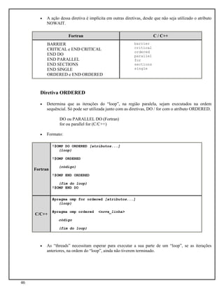46
• A ação dessa diretiva é implícita em outras diretivas, desde que não seja utilizado o atributo
NOWAIT.
Fortran C / C++
BARRIER
CRITICAL e END CRITICAL
END DO
END PARALLEL
END SECTIONS
END SINGLE
ORDERED e END ORDERED
barrier
critical
ordered
parallel
for
sections
single
Diretiva ORDERED
• Determina que as iterações do “loop”, na região paralela, sejam executados na ordem
sequêncial. Só pode ser utilizada junto com as diretivas, DO / for com o atributo ORDERED.
DO ou PARALLEL DO (Fortran)
for ou parallel for (C/C++)
• Formato:
Fortran
!$OMP DO ORDERED [atributos...]
(loop)
!$OMP ORDERED
(código)
!$OMP END ORDERED
(fim do loop)
!$OMP END DO
C/C++
#pragma omp for ordered [atributos...]
(loop)
#pragma omp ordered <nova_linha>
código
(fim do loop)
• As “threads” necessitam esperar para executar a sua parte de um “loop”, se as iterações
anteriores, na ordem do “loop”, ainda não tiverem terminado.
 