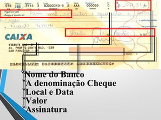 Nome do Banco
A denominação Cheque
Local e Data
Valor
Assinatura
 